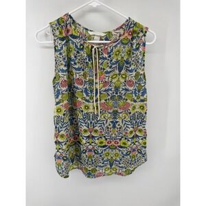 HM Conscious Women Floral Sleeveless Blouse Blue Green Pink Tie Neck Top Size 4